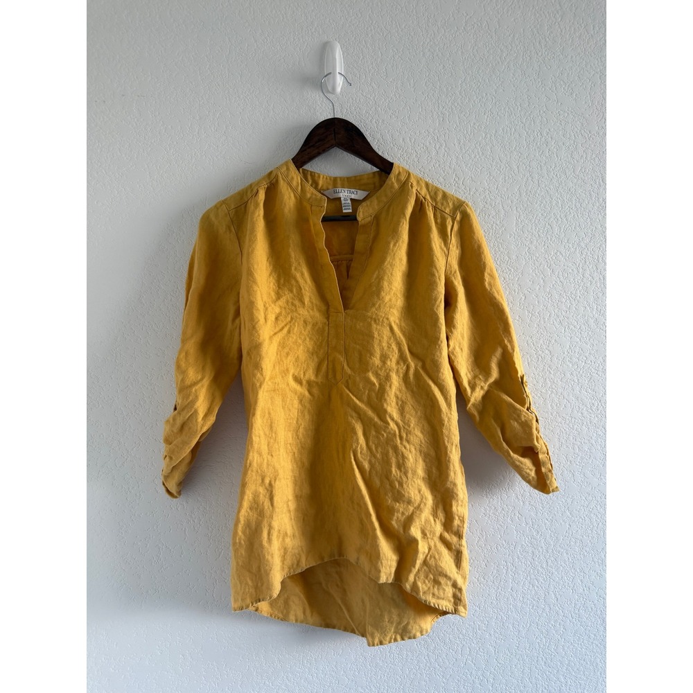 Ellen Tracy Summer Coastal 100% Linen Tunic Size S Mustard Yellow Sleeves